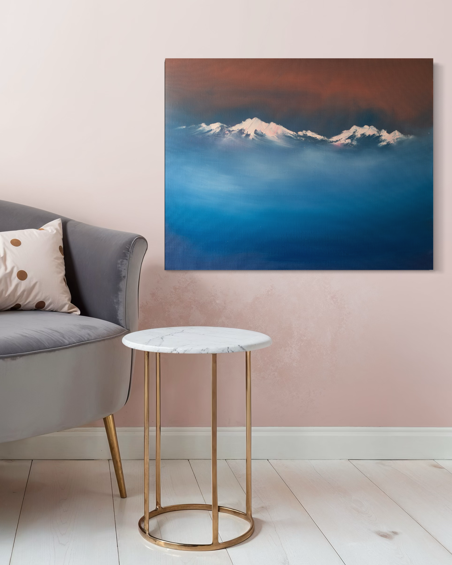 Above the Clouds contemporary mountain art painting with snow peaks and blue mist by Cat Goward.png