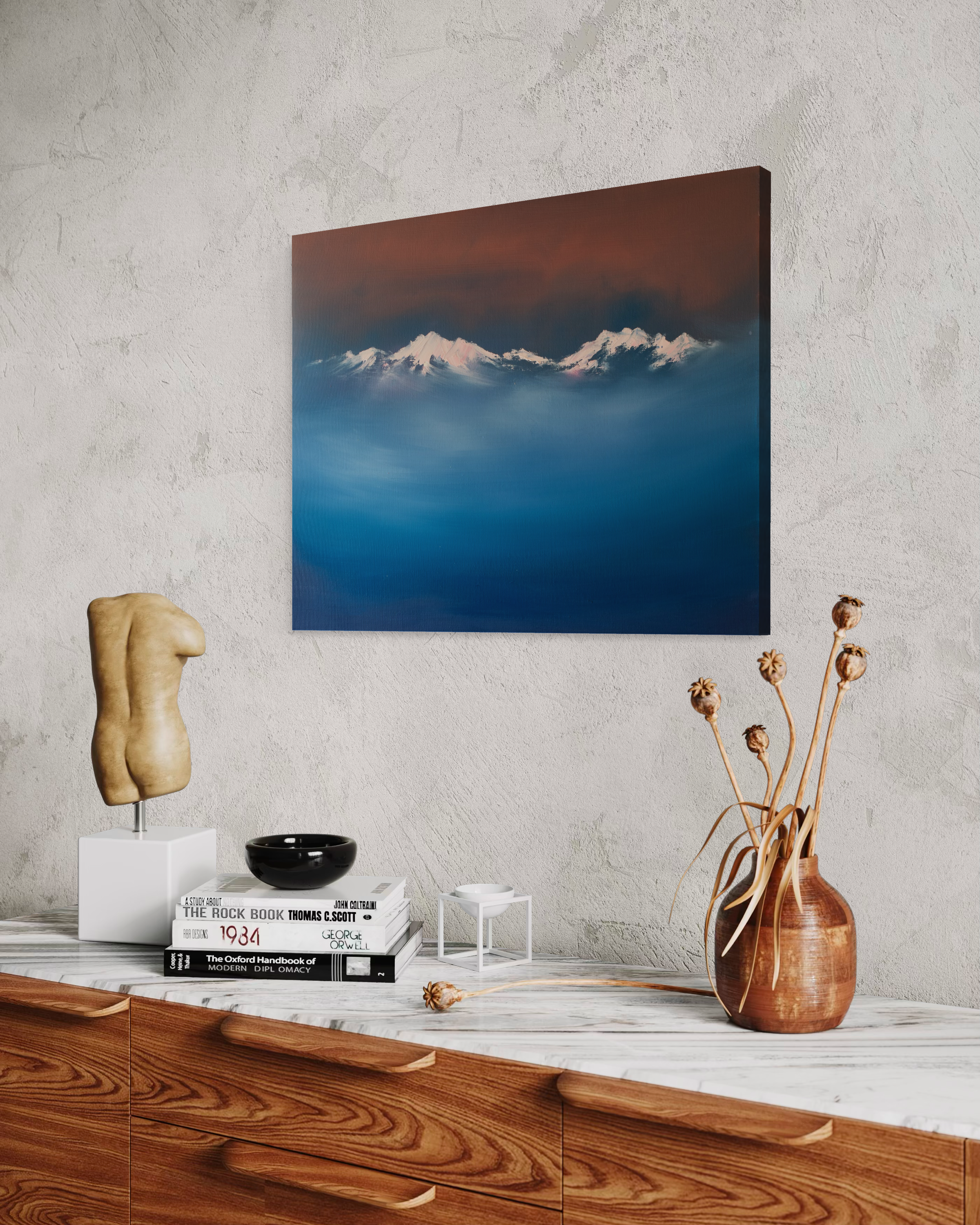 Above the Clouds contemporary mountain art painting with snow peaks and blue mist by Cat Goward.png