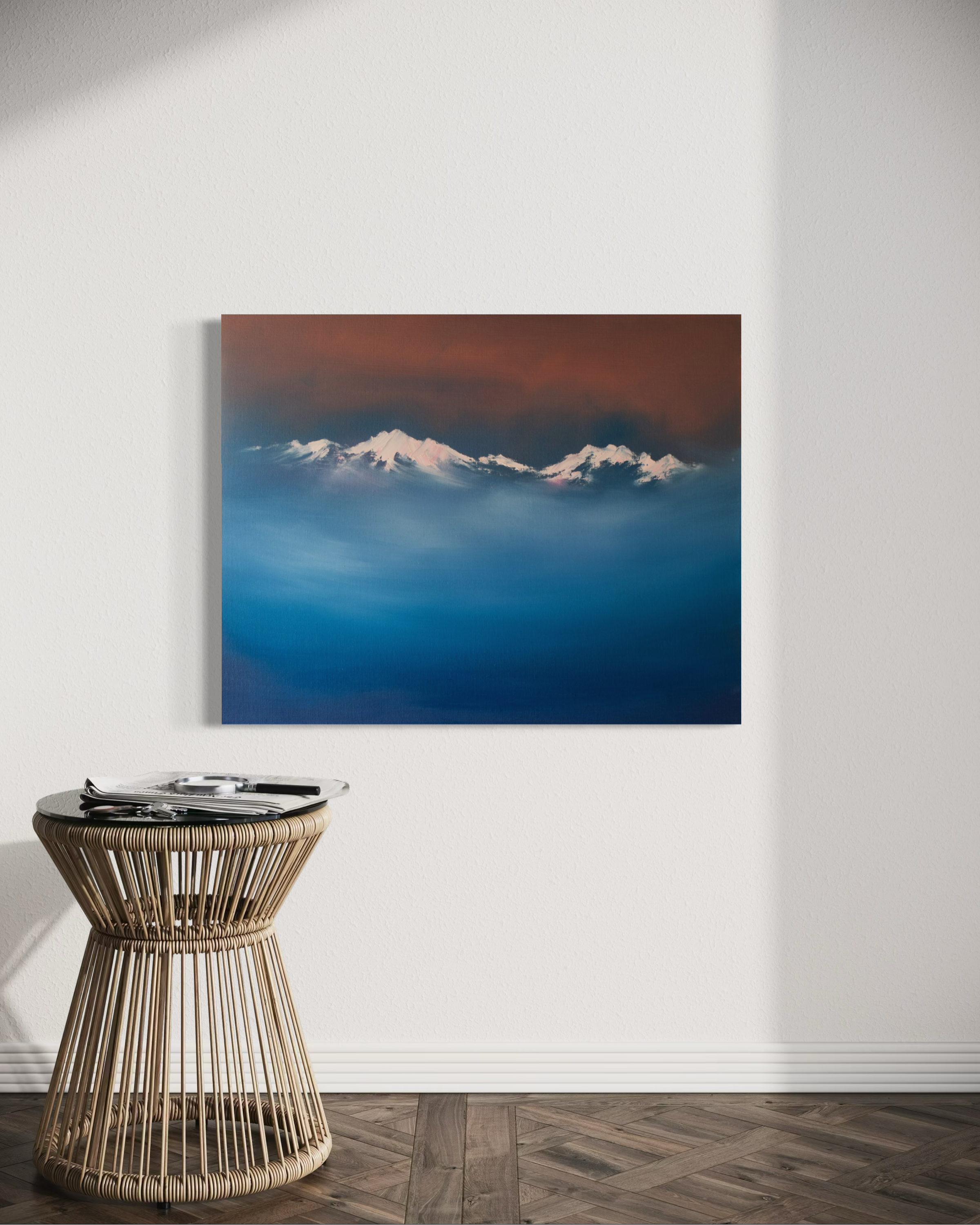 Above the Clouds contemporary mountain art painting with snow peaks and blue mist by Cat Goward.png