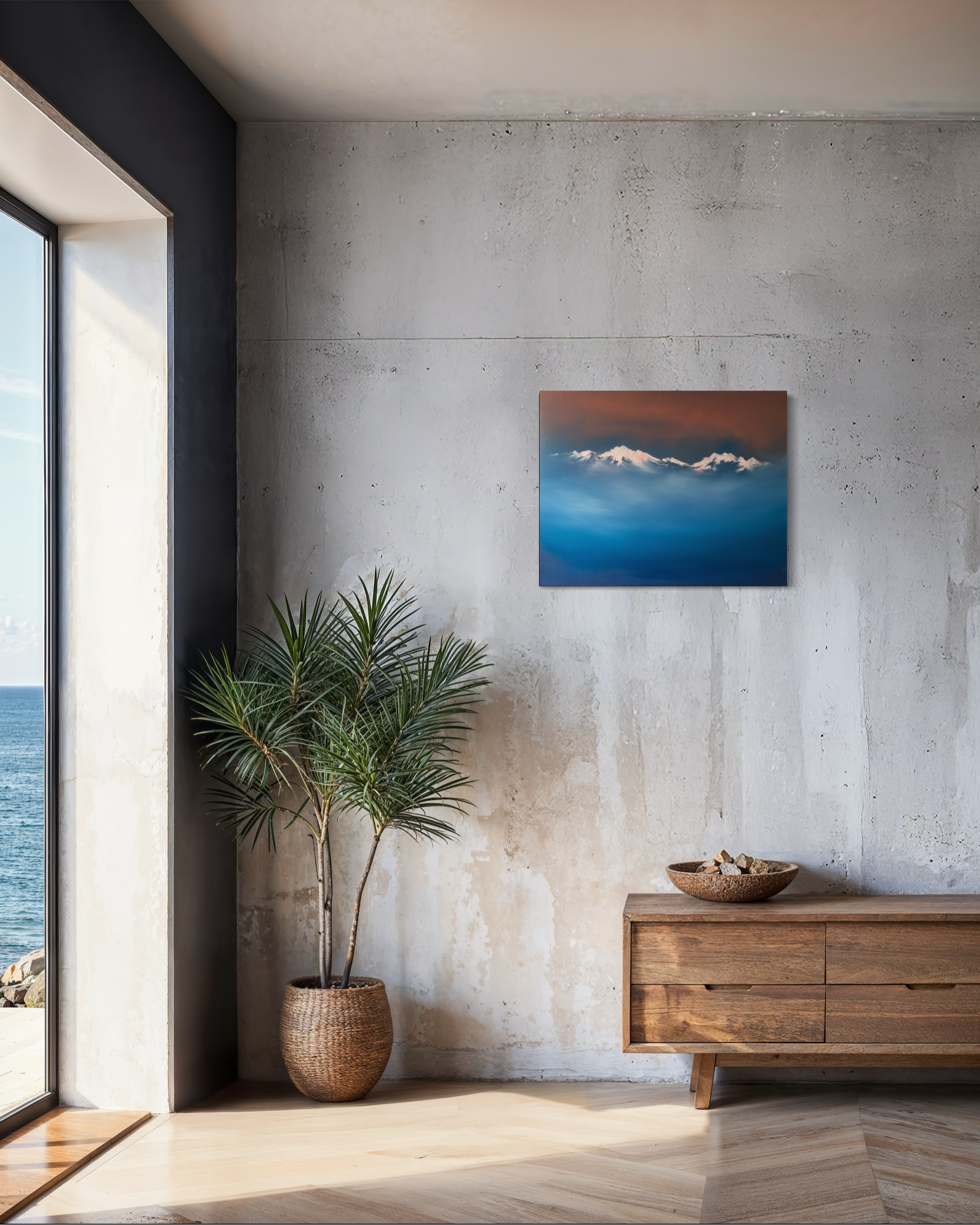 Above the Clouds contemporary mountain art painting with snow peaks and blue mist by Cat Goward.png