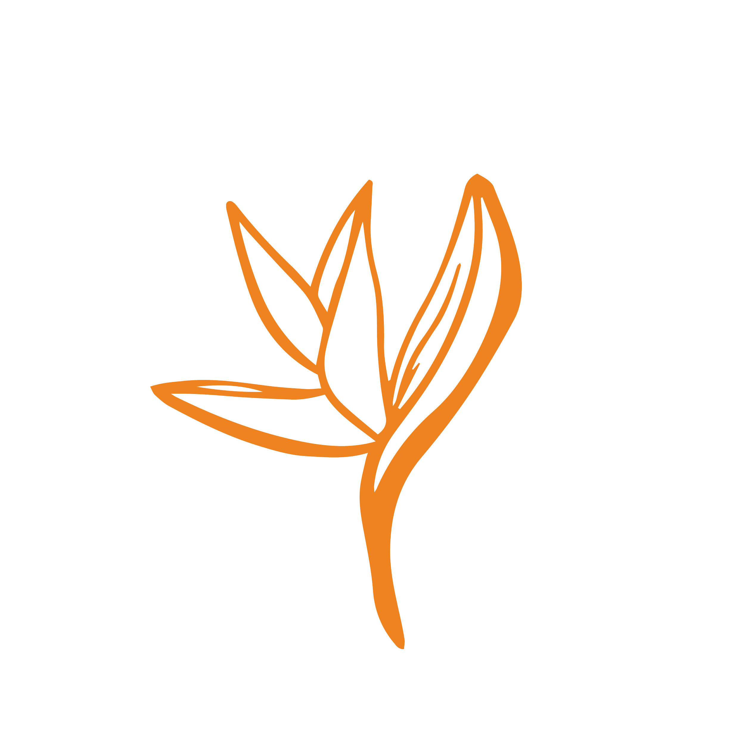 Minimalist tropical floral logo with a green leaf and orange blossom, symbolizing elegant floral design in St Barth.