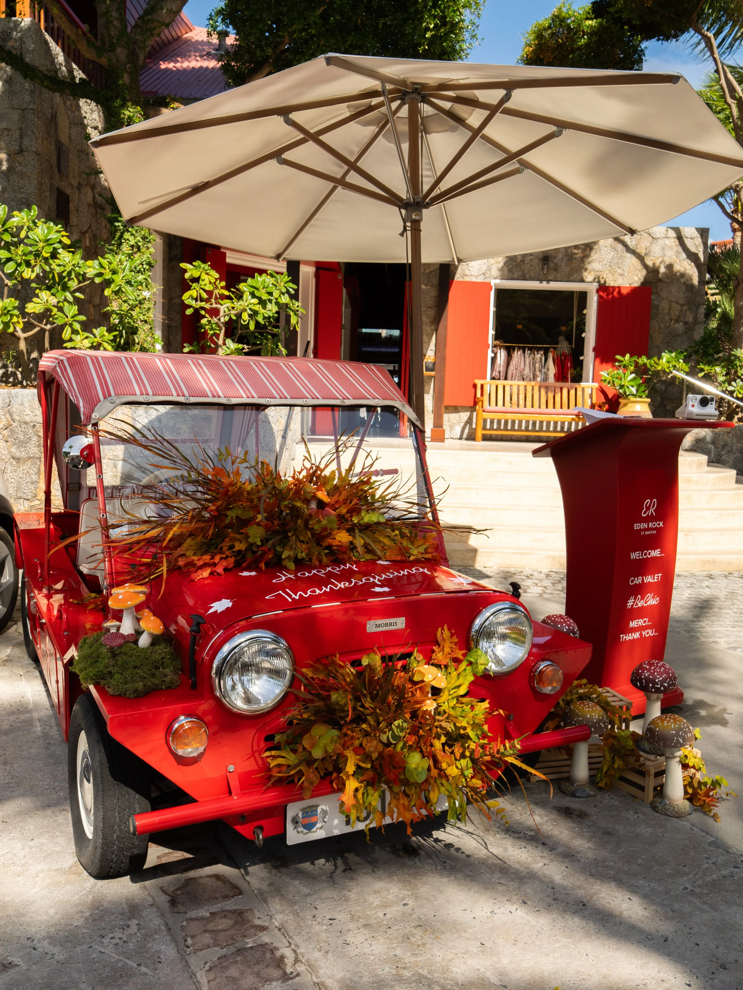Voiture rouge décorée avec des feuilles d'automne, des champignons en jouet, et un message "Joyeux Thanksgiving" sur le capot, sous un grand parasol beige dans une cour ensoleillée avec des plantes vertes et une maison en pierre en arrière-plan.