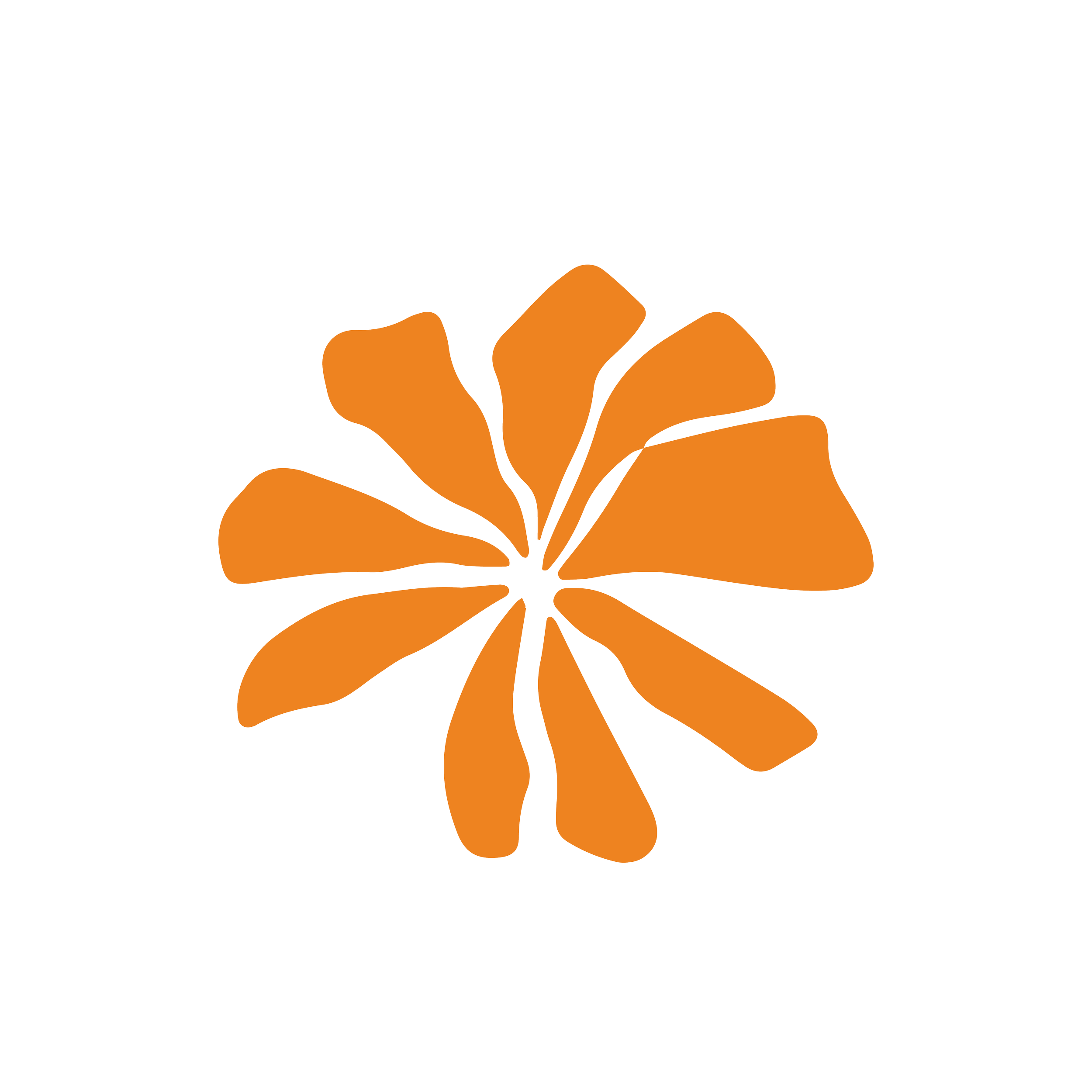 Logo avec une forme abstraite orange ressemblant à une fleur ou une explosion, sur fond noir.