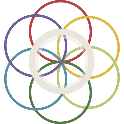 Abstract geometric artwork with various colored shapes and a central floral pattern.