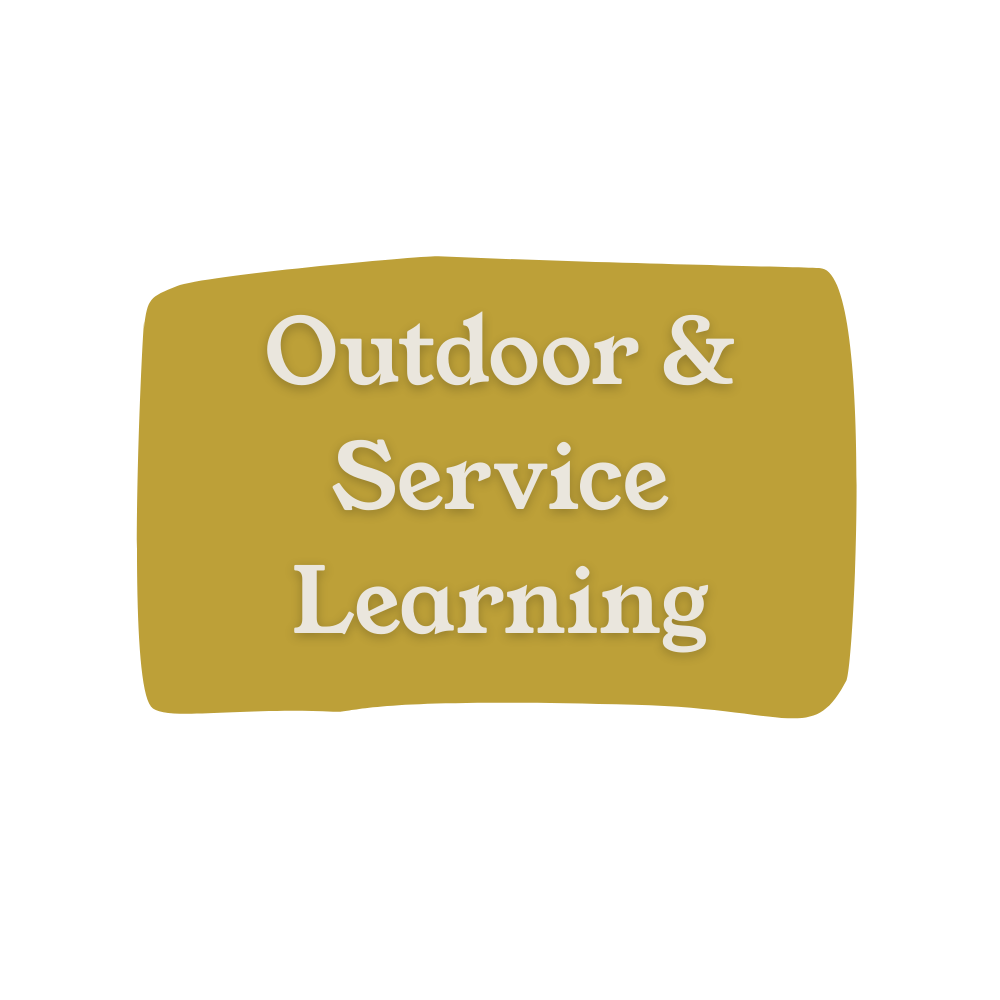 Sign with beige background and white text that reads 'Outdoor & Service Learning'.