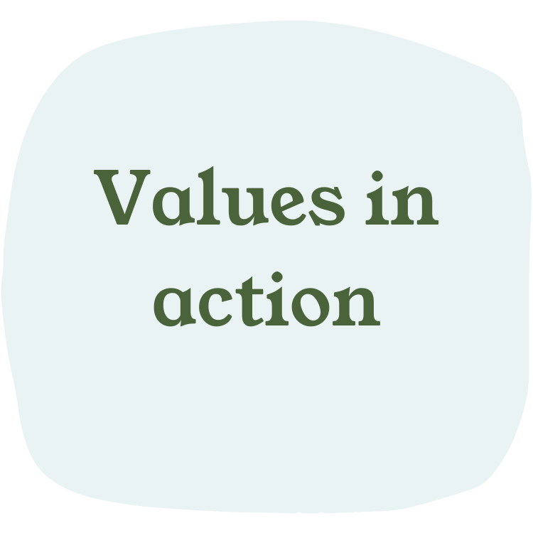 A light blue rounded square with dark green text that reads 'Values in action'.