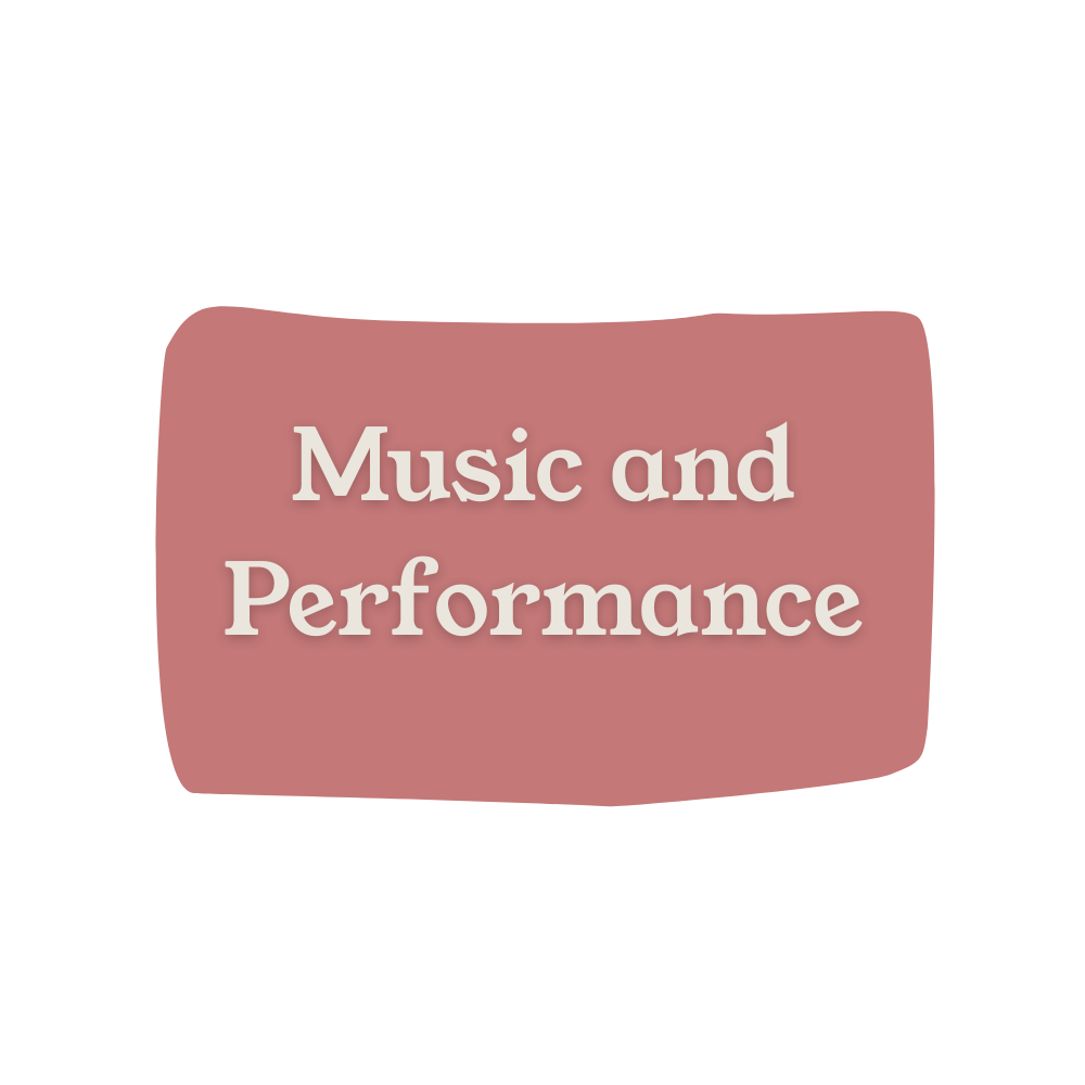 A digital poster or presentation slide with the text 'Music and Performance' on a pinkish-red background.