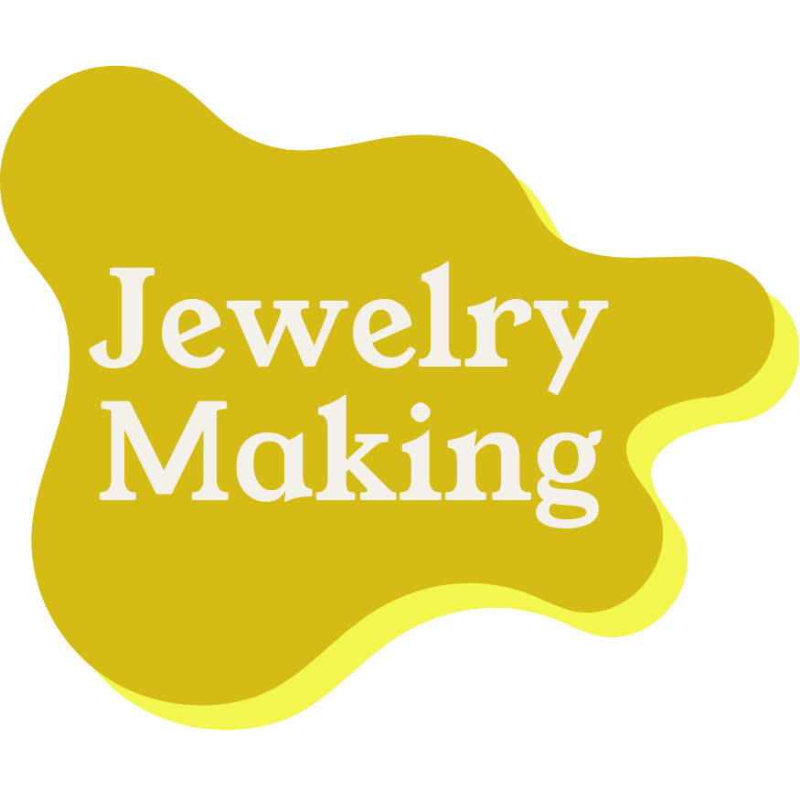 Gold color spilled paint splash with white text reading "Jewelry Making"