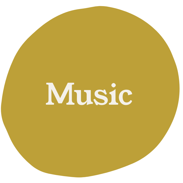 Gold circle with the word 'Music' written in white in the center.