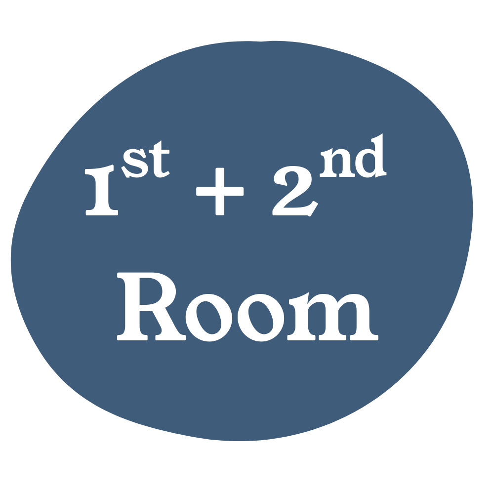 A blue circular graphic with the text '1st + 2nd Room' in white font, representing a seating arrangement or room designation.
