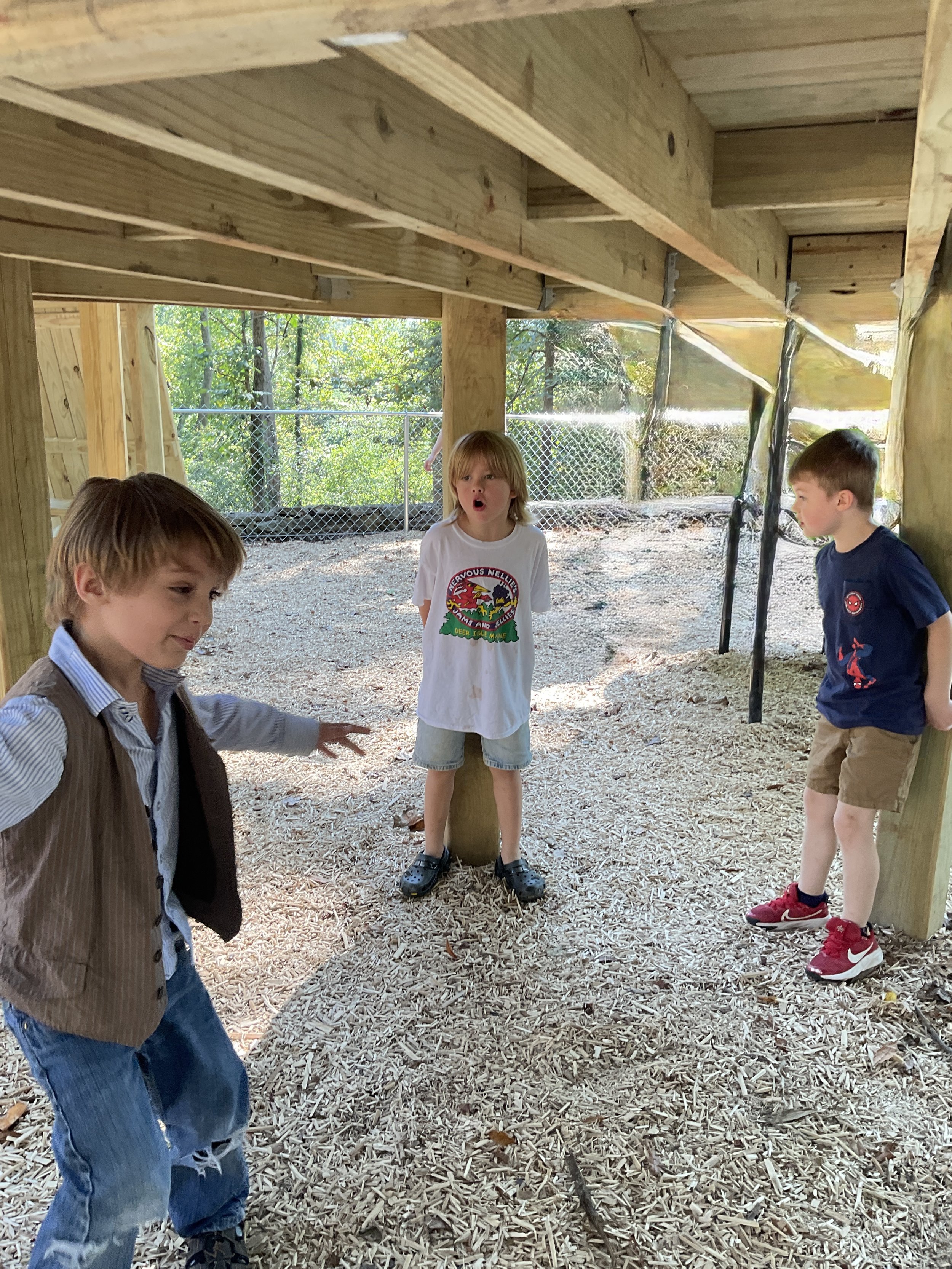 Three young boys are playing and talking inside a wooden playhouse or treehouse with a dirt and wood chip ground, surrounded by a chain-link fence and trees outside.