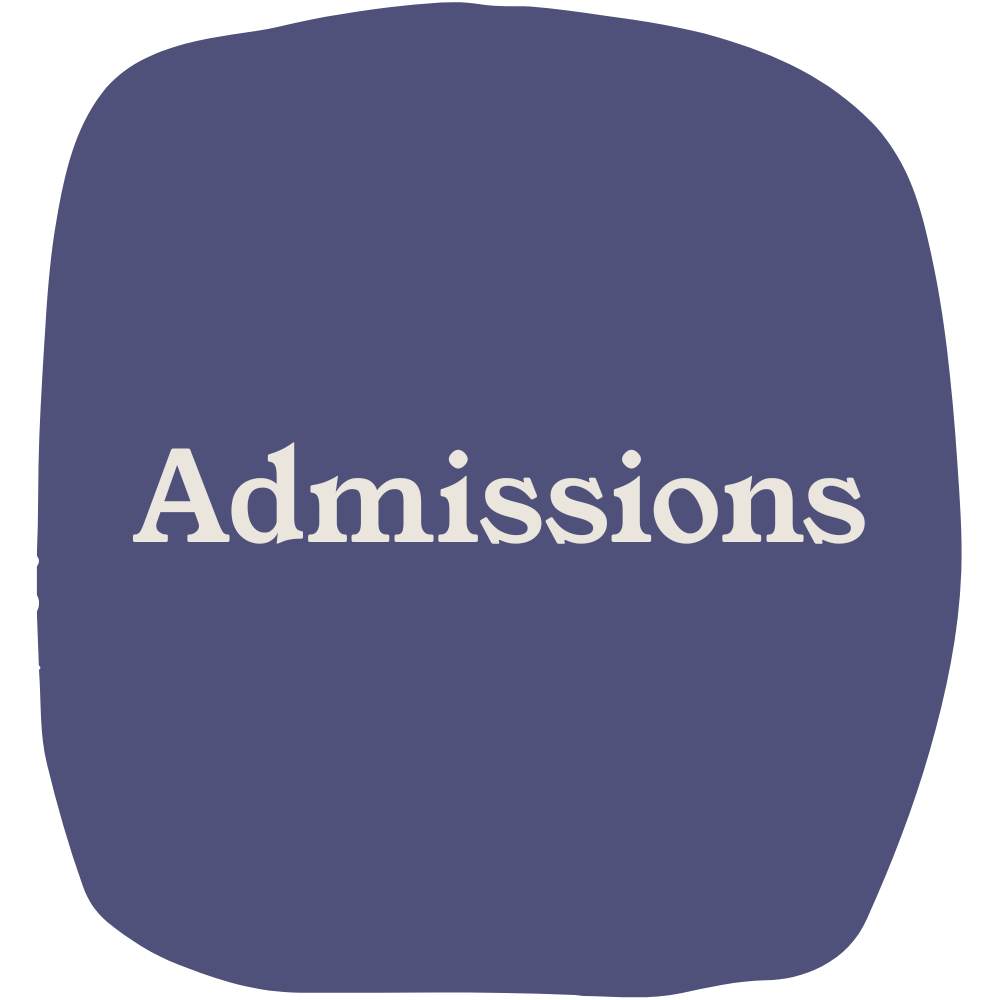 A blue rounded square icon with the word 'Admissions' in light gray text in the center.
