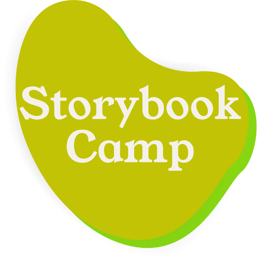 A stylized, heart-shaped green and yellow sign with the words "Storybook Camp" in white text.
