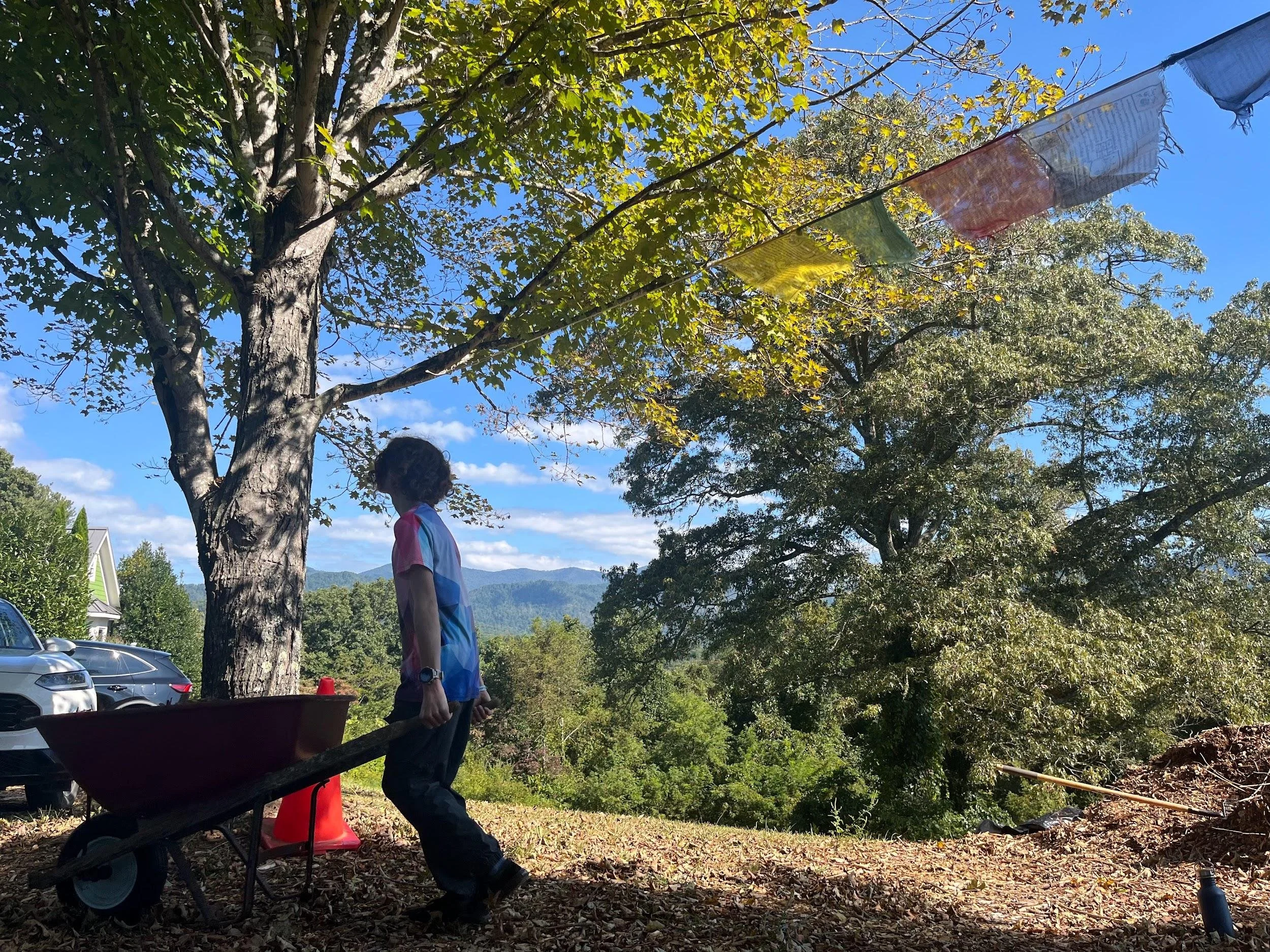 a high school student pushing a wheelbarrow at a farm in Western North Carolina with a view of the blue ridge mountains behind him