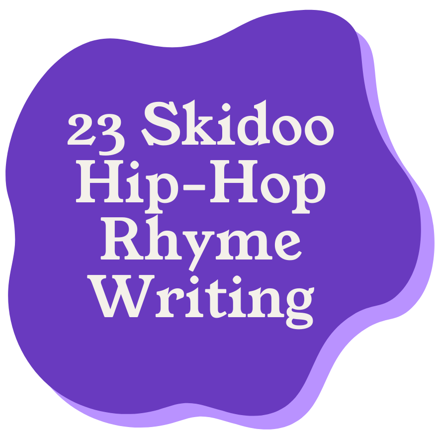 Purple abstract shape with white text reading '23 Skidoo Hip-Hop Rhyme Writing'.