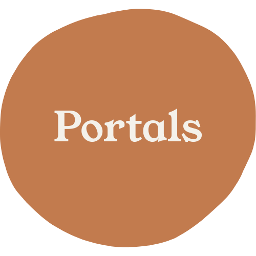 Burnt orange circular background with the word 'Portals' written in white text in the center.