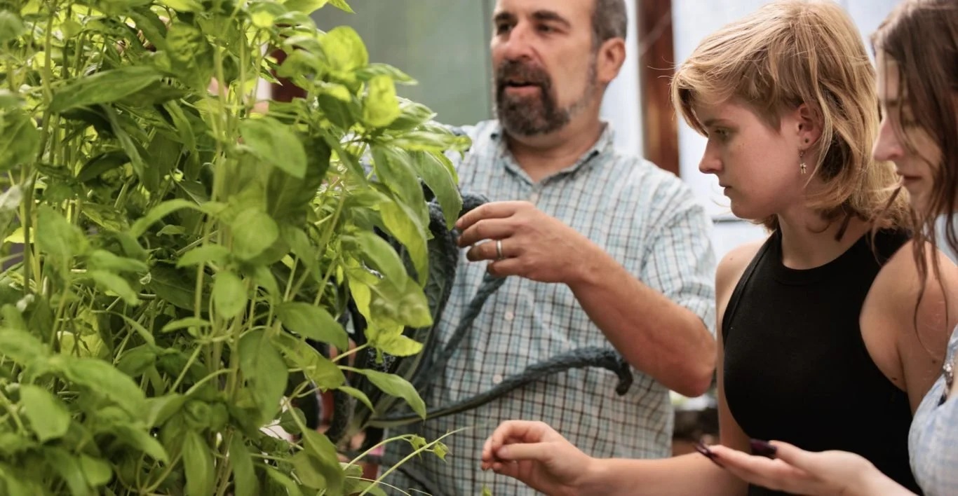 Three high school students looking at green leafy plants in an educational aquaponic garden for an enriching biology class, with a teacher in a plaid shirt holding a garden tool.