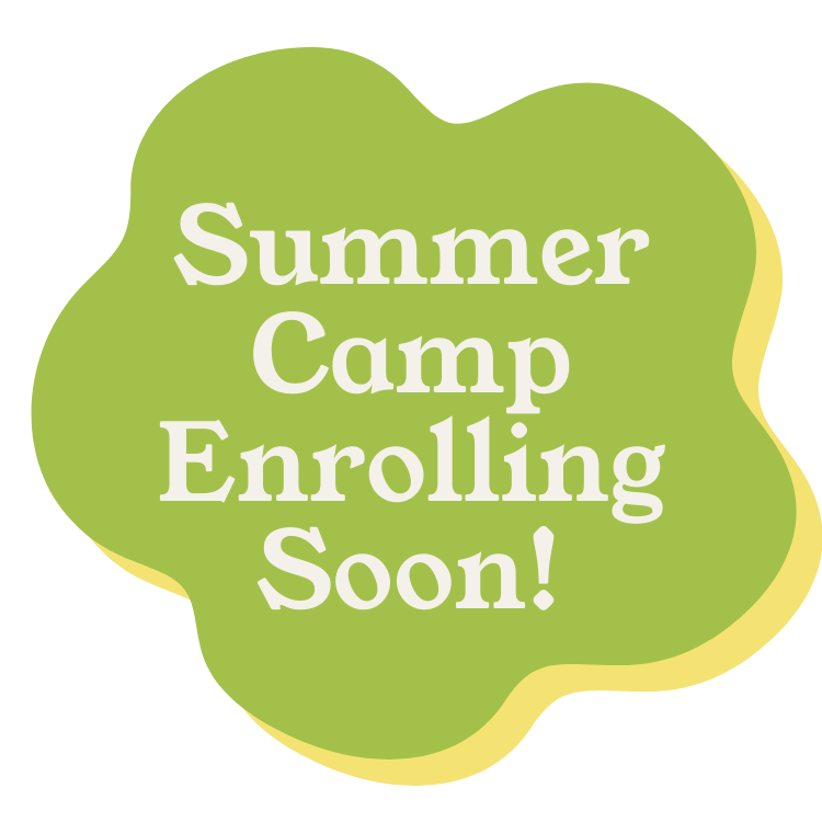 Green and yellow irregular shape with white text that reads 'Summer Camp Enrolling Soon!'