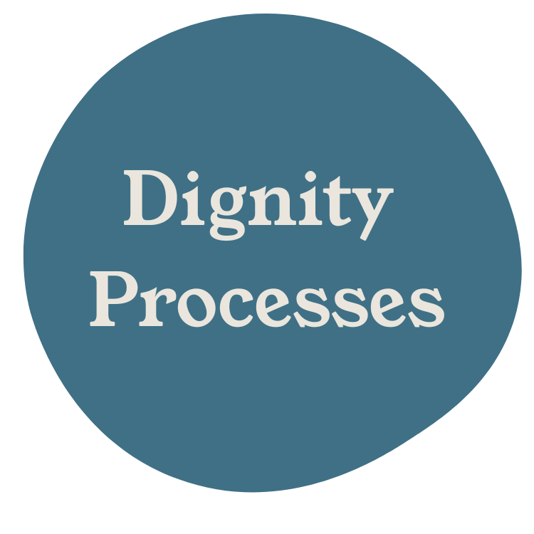 Blue circular badge with white text that reads "Dignity Processes".