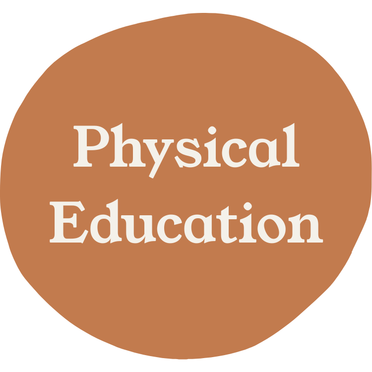 Brown circular badge with white text that says 'Physical Education'.