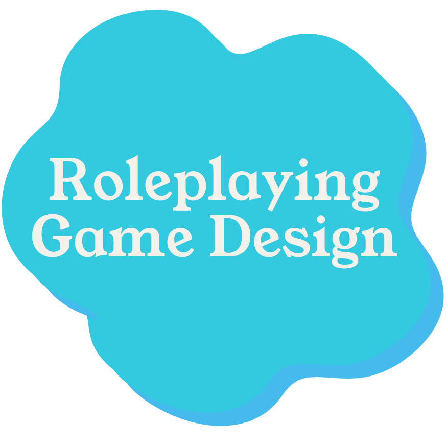Blue abstract shape with white text that reads "Roleplaying Game Design"