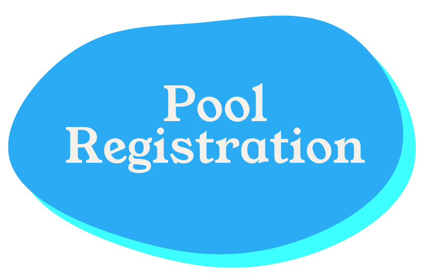 Blue oval sign with white text that reads "Pool Registration"
