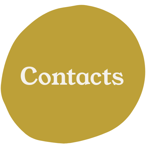 Gold circular icon with the word 'Contacts' in white font.