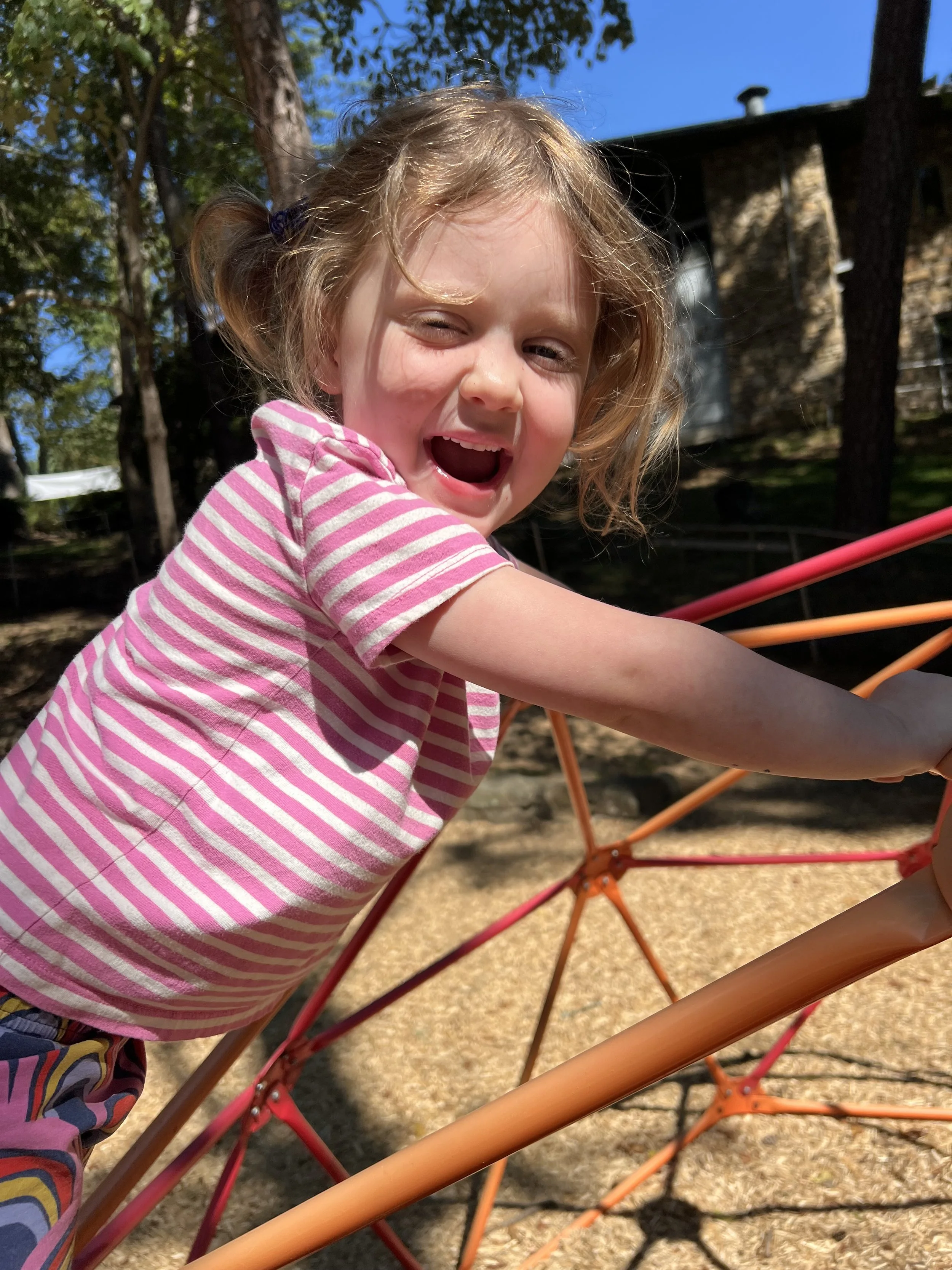 A young girl with blonde hair in pigtails, wearing a pink and white striped shirt, is smiling while playing on a jungle gym outdoors on a sunny day.