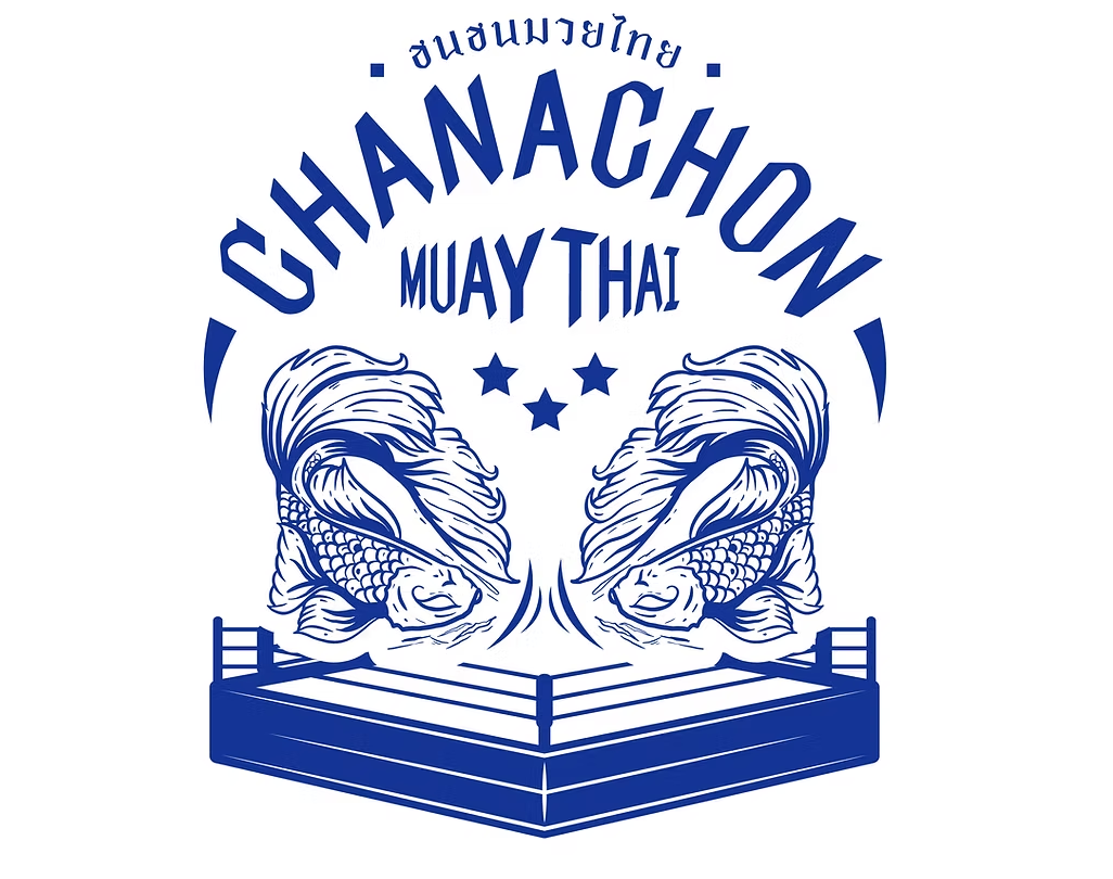A graphic logo featuring two fighting fish facing each other inside a boxing ring with three stars above, and text that reads "Chananachon Muay Thai" in both English and Thai.