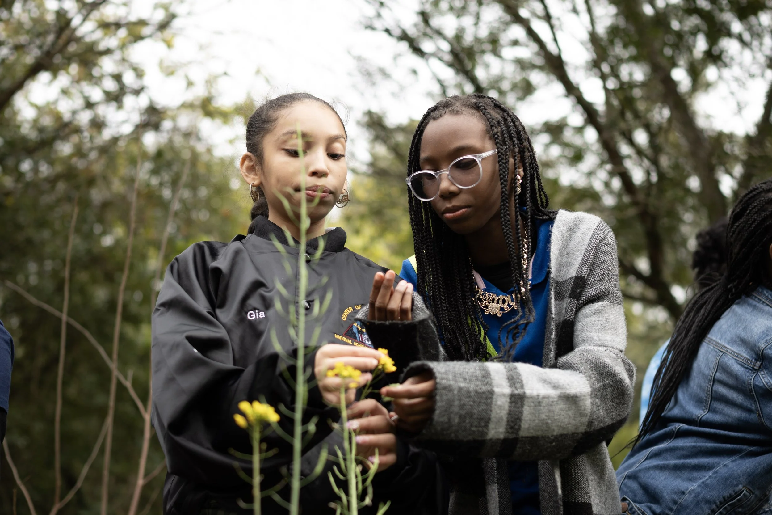 2 young people look down at a plant