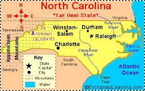 Map of North Carolina highlighting major cities like Charlotte, Winston-Salem, Durham, and Raleigh, with surrounding states and landmarks including the Atlantic Ocean, Key West, and the Cape Fear River.