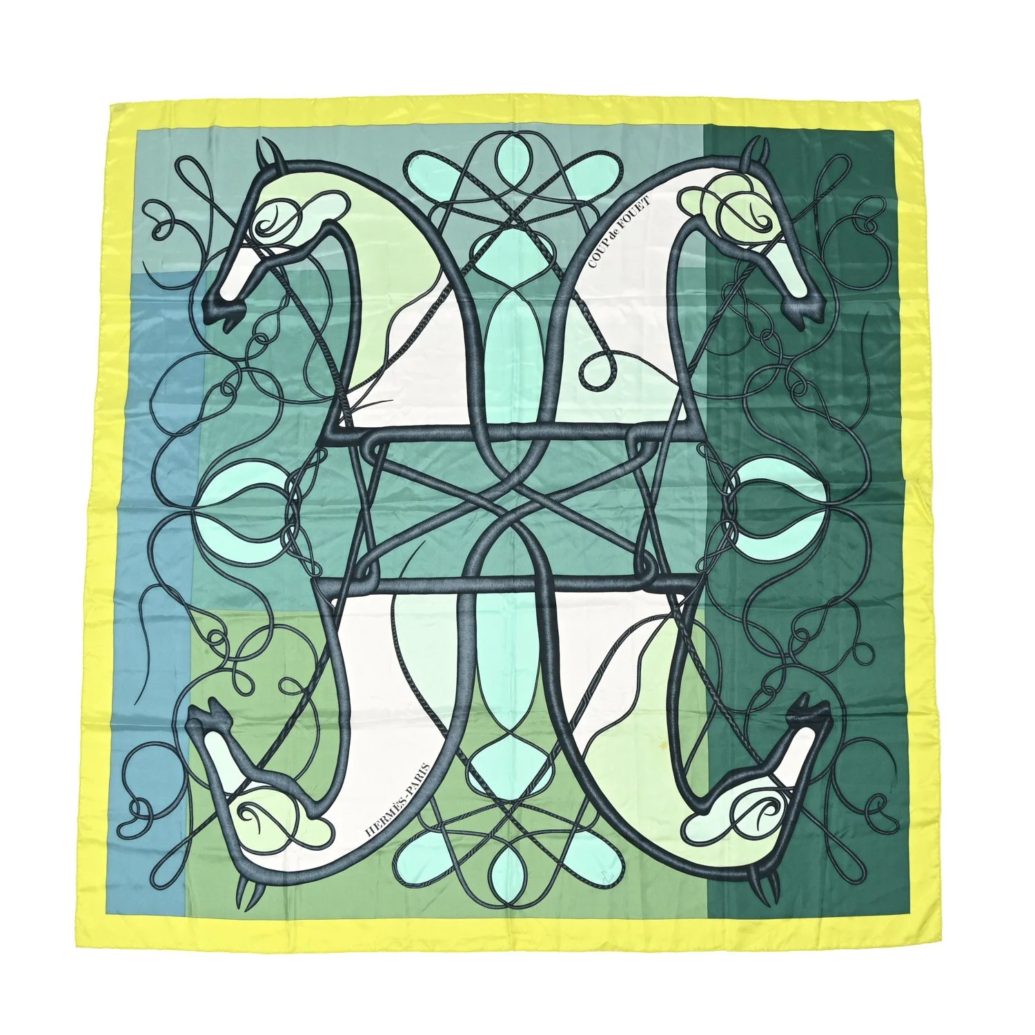 Foulard Hermès in seta con cavalli stilizzati verdi e bianchi