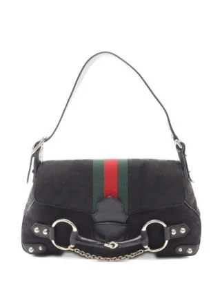 Borsa a spalla Gucci nera con nastro rosso e verde e morsetto