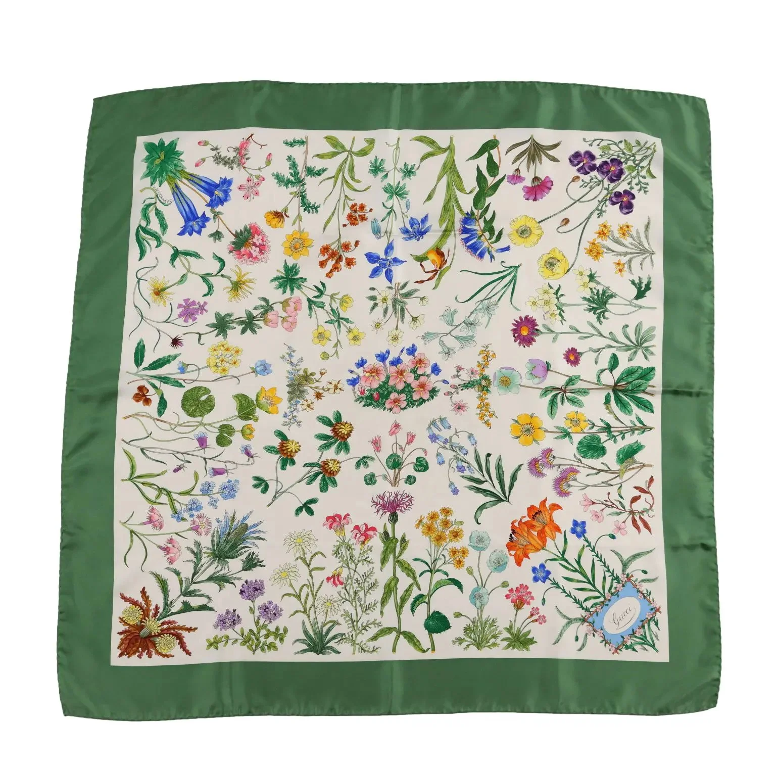 Foulard Gucci in seta con fiori su fondo bianco e bordo verde