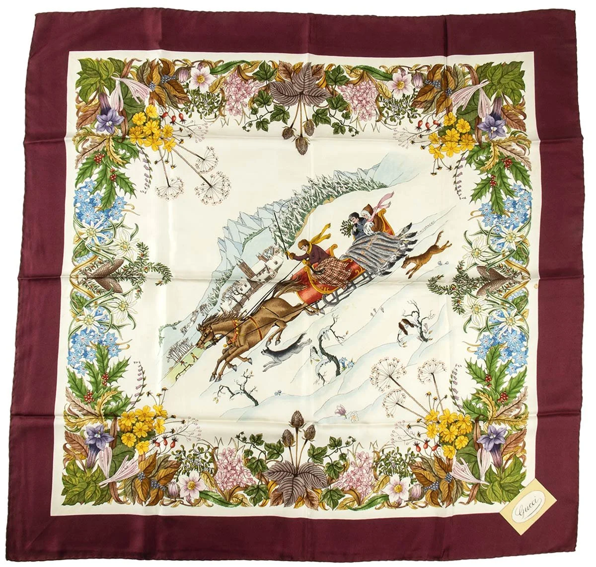 Foulard Gucci Slitta con scena di cavalieri e cornice floreale bordeaux