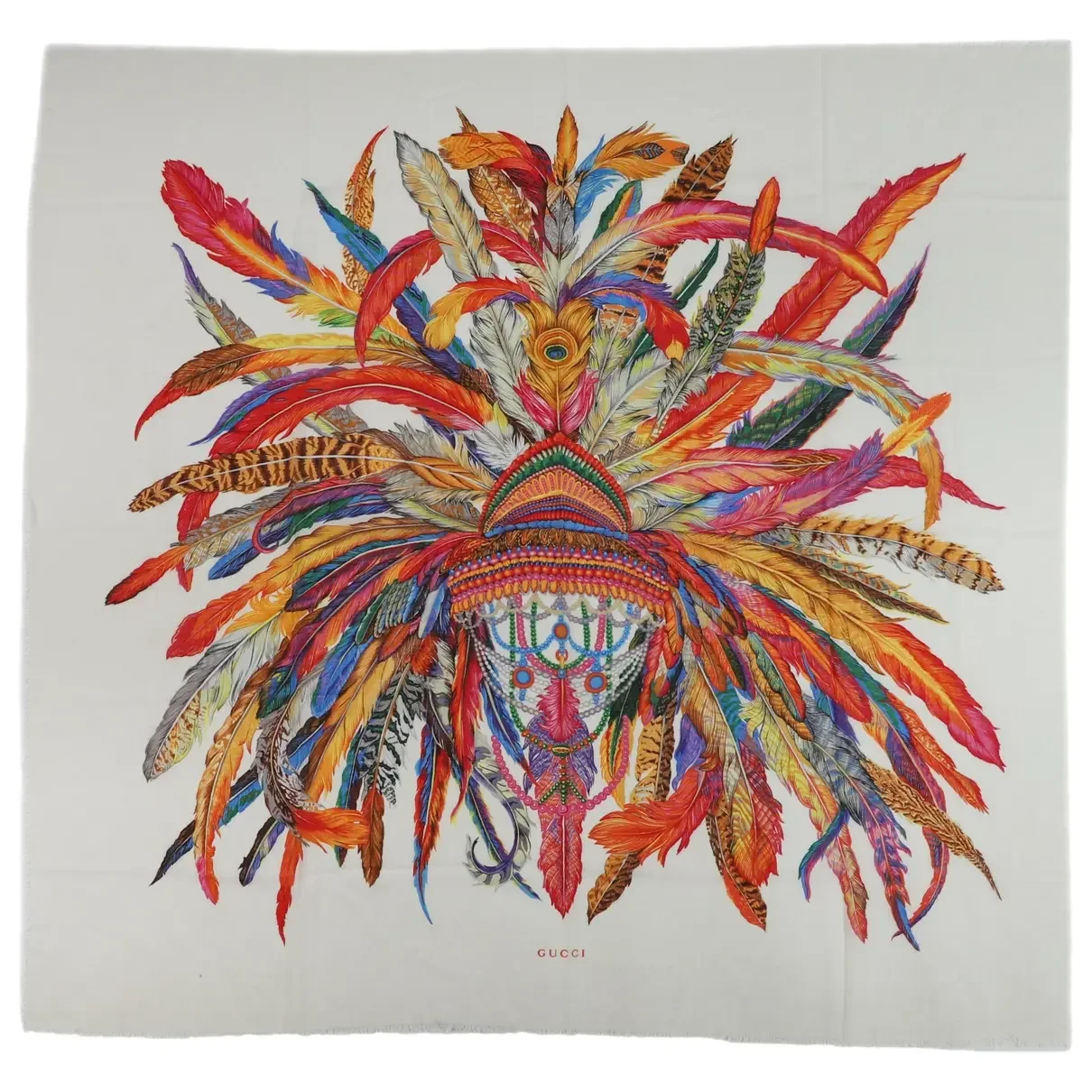 Foulard Gucci con copricapo di piume colorate