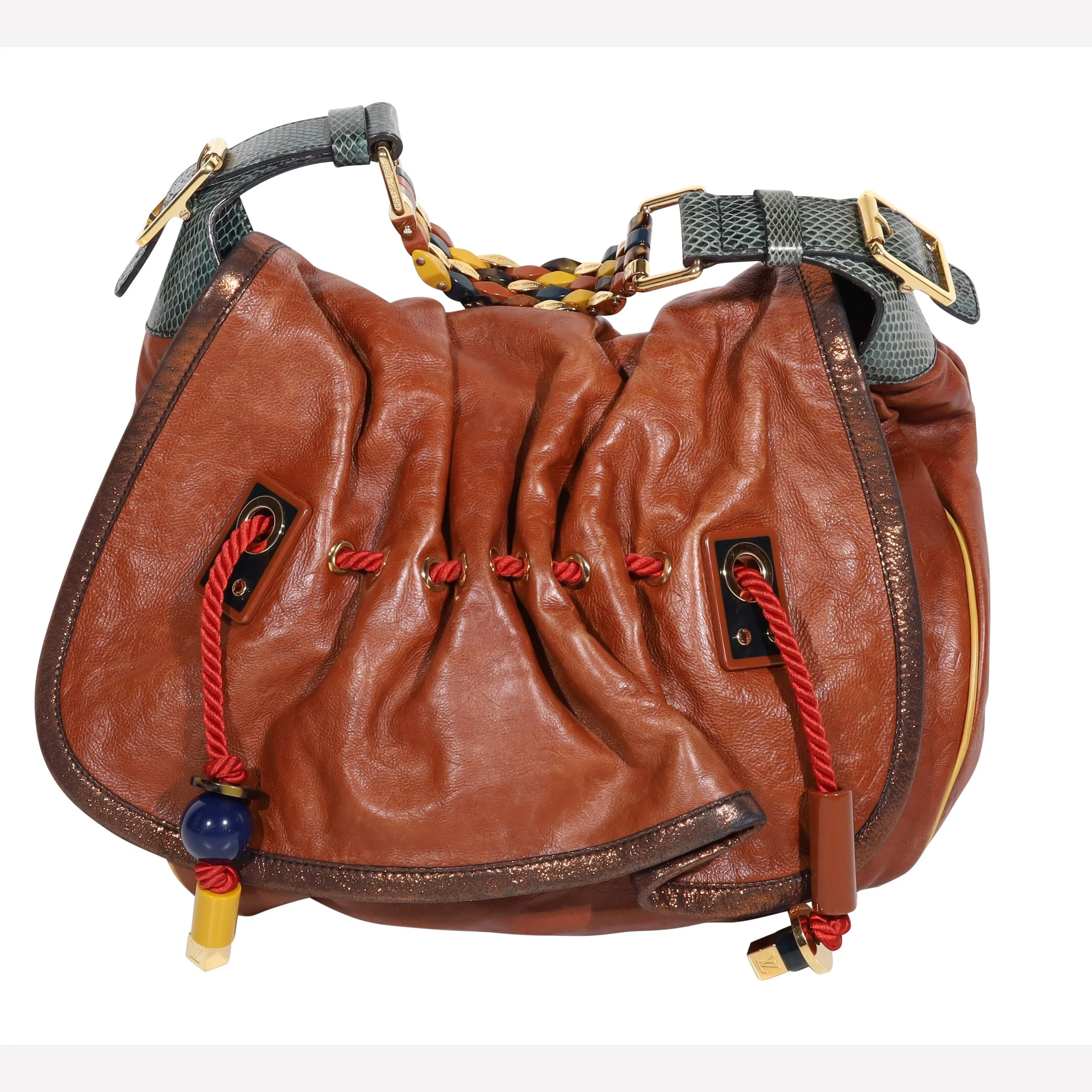 Borsa Louis Vuitton Kalahari in pelle marrone con perline colorate