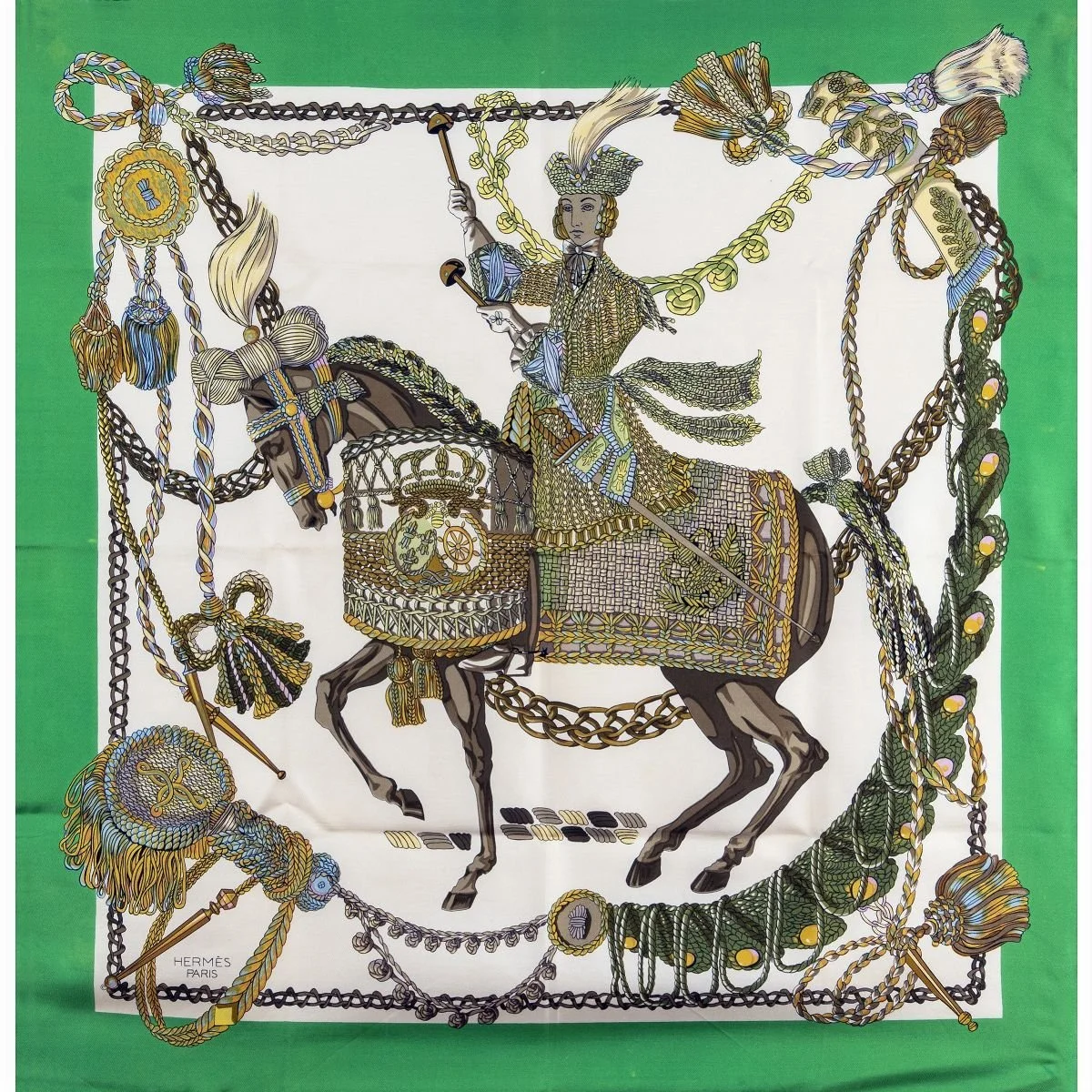 Foulard Hermès 90x90 con cavaliere e cornice verde
