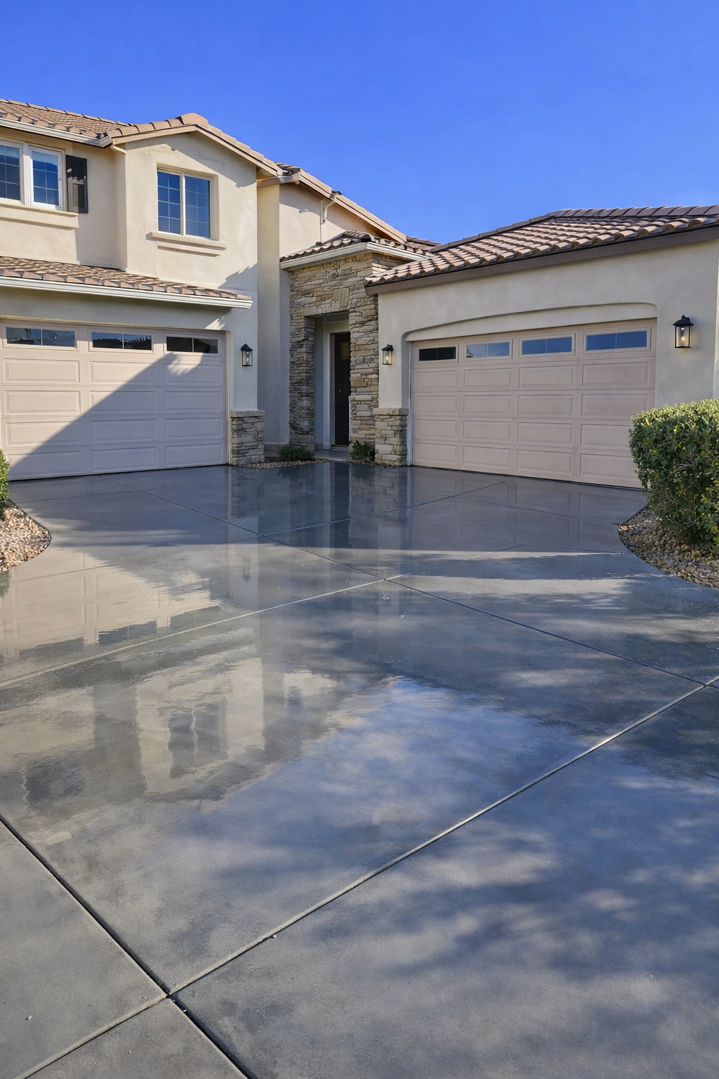 A modern two-story house with beige garage doors, stone accents, and exterior lights, along with a reflective concrete driveway under a clear blue sky.