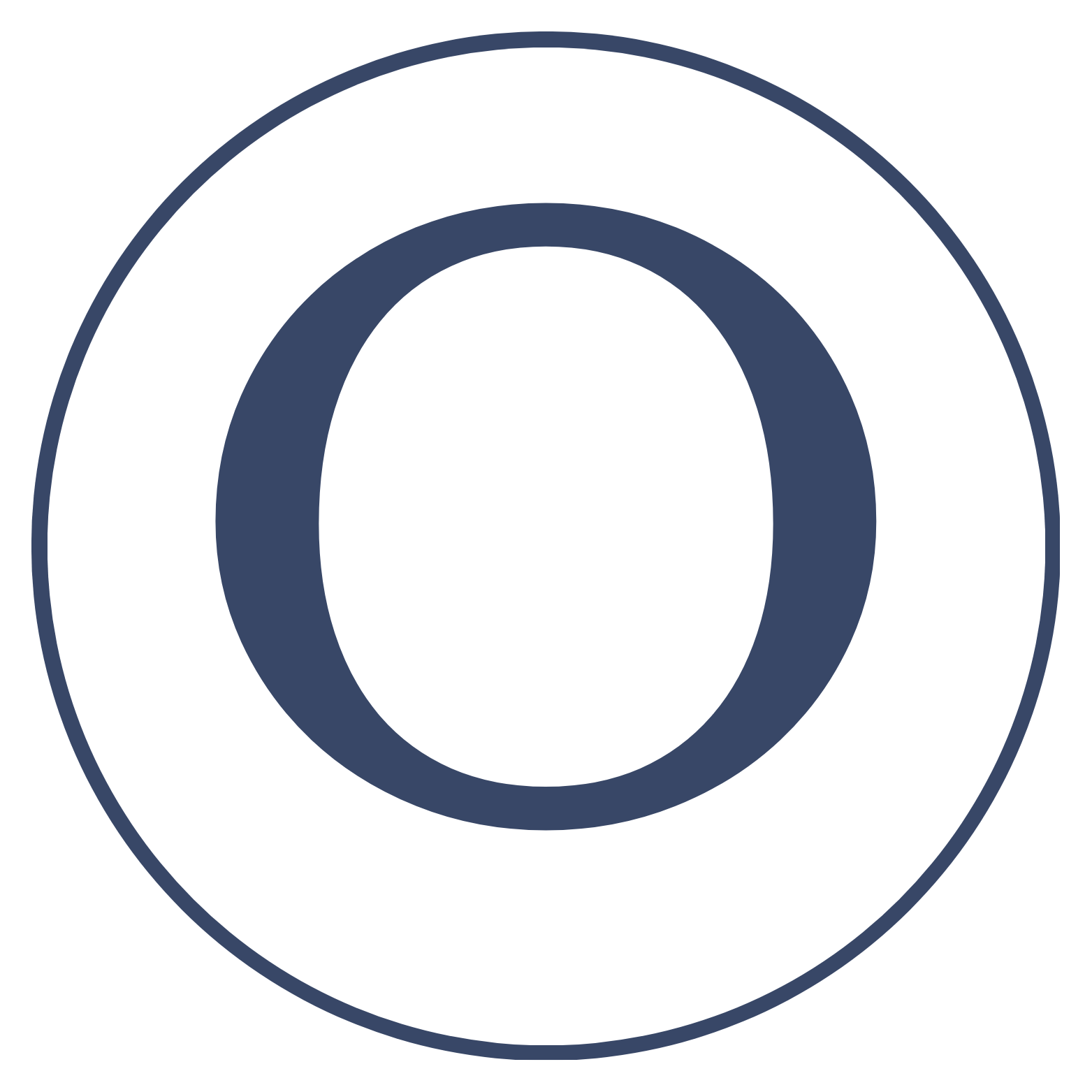 Close-up of a white circular label with a large navy blue 'O' in the center, and a navy blue border around the edge.