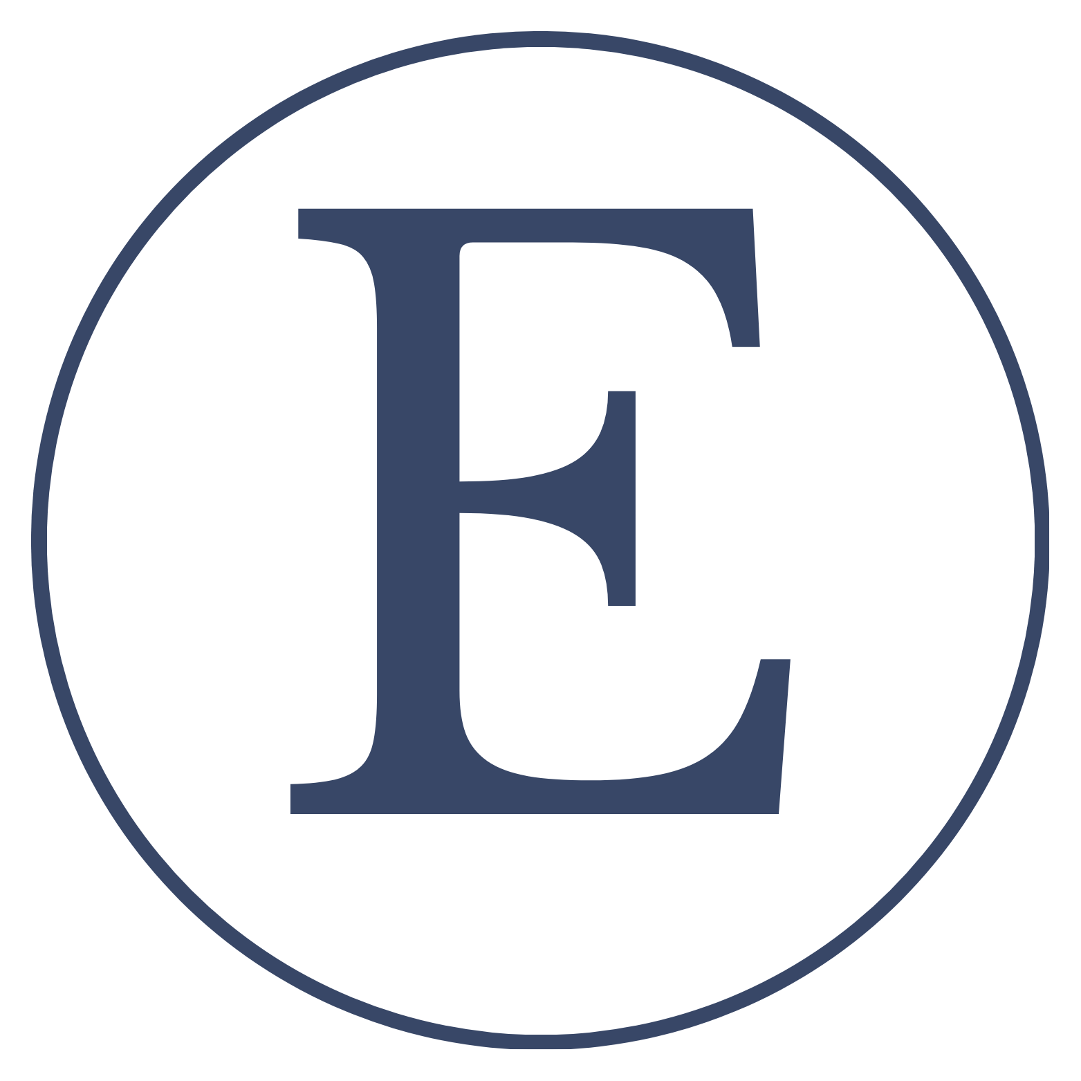 Logo with a large navy blue letter 'E' inside a white circle with navy blue outline.