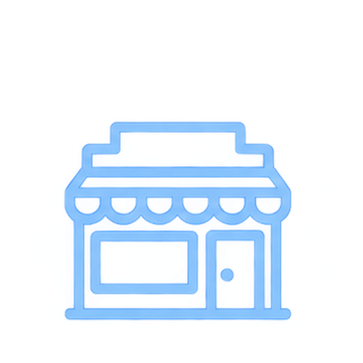 Neon outline of a small storefront or shop with a sign on top, a window, and a door.
