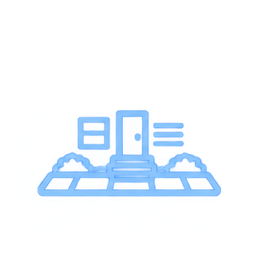 Outline of a house with a door, windows, bushes, and a paved front yard, sketched in blue.