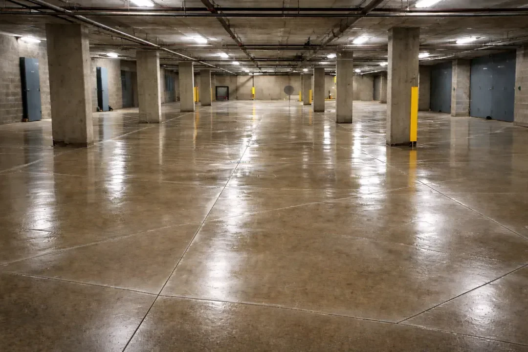 Empty underground parking garage with concrete pillars and polished concrete floors.