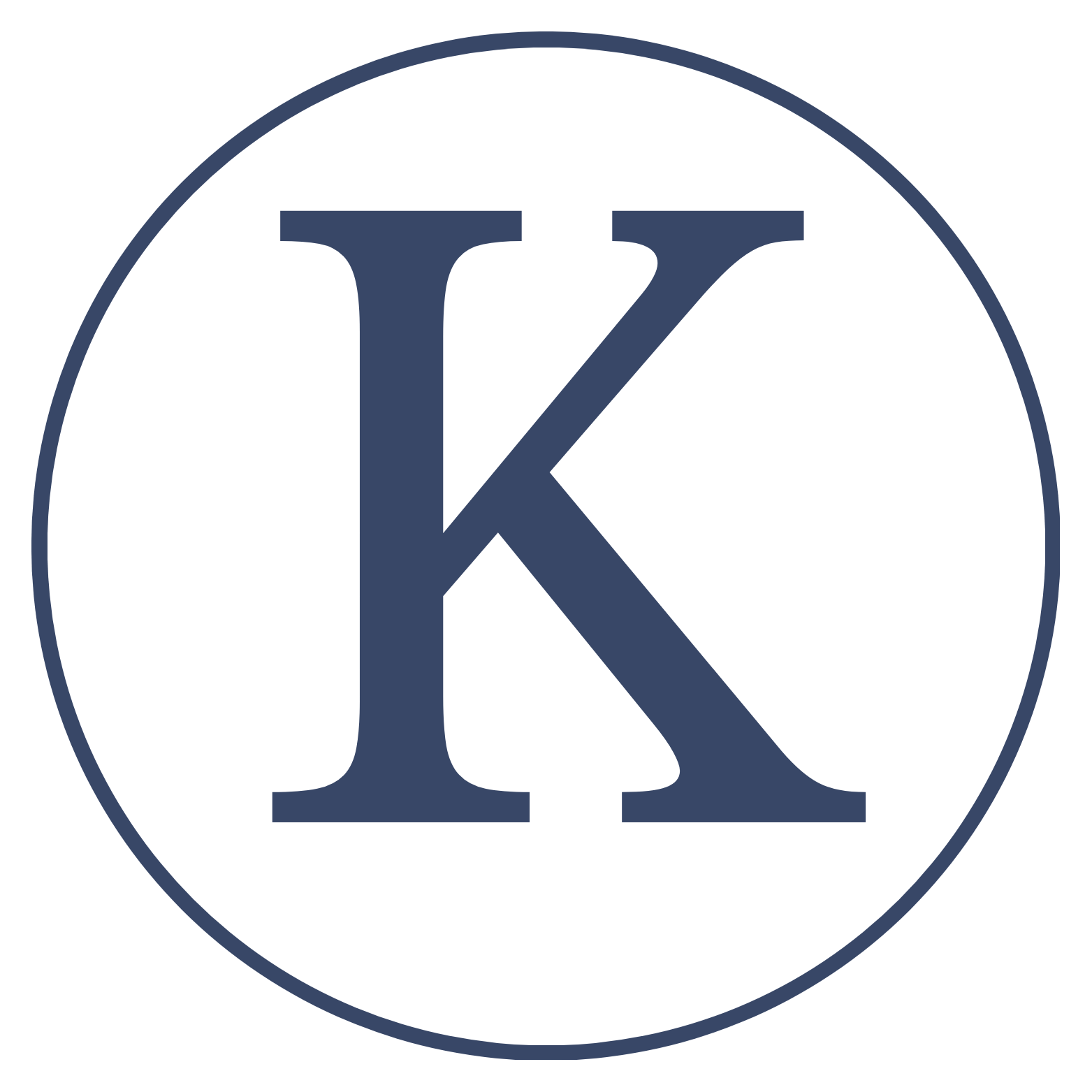 Letter K inside a white circle with a dark blue outline