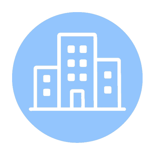 Icon of a cityscape with multiple buildings inside a blue circle.