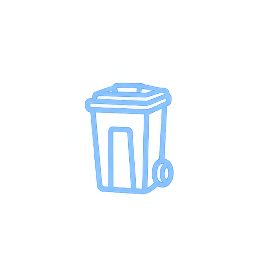 A small cartoon-style trash can with a lid and wheels, outlined in blue.
