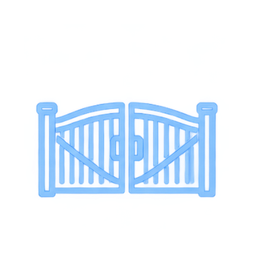 Blue metal garden gate with decorative arches and vertical bars.