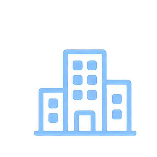 Blue outline drawing of a city skyline with three tall buildings of varying heights.