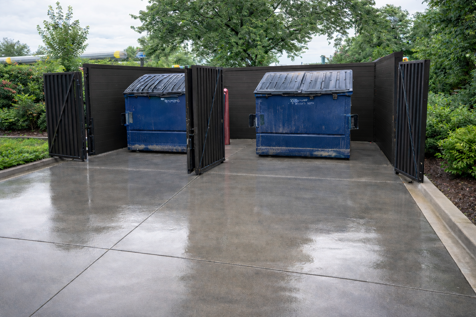 Two blue dumpsters with black lids are behind black fences with gates, on wet concrete ground, surrounded by green trees and shrubs.